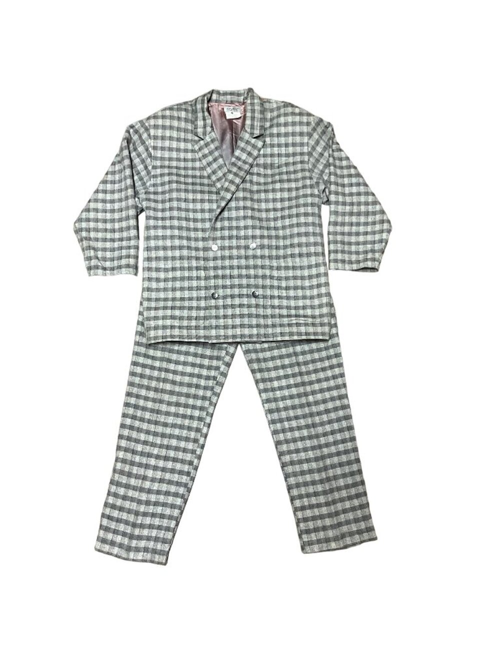 Vtg Gray Esprit Plaid Pantsuit Sz 10 Double Breasted Shoulder Pads Lined Womens